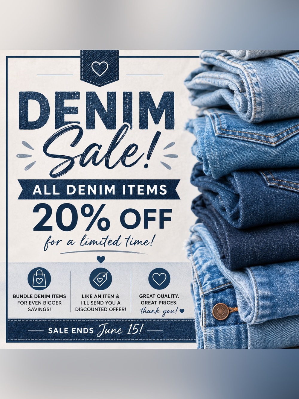 20% sale on all denim!!! Shipping discount for bundles!!!